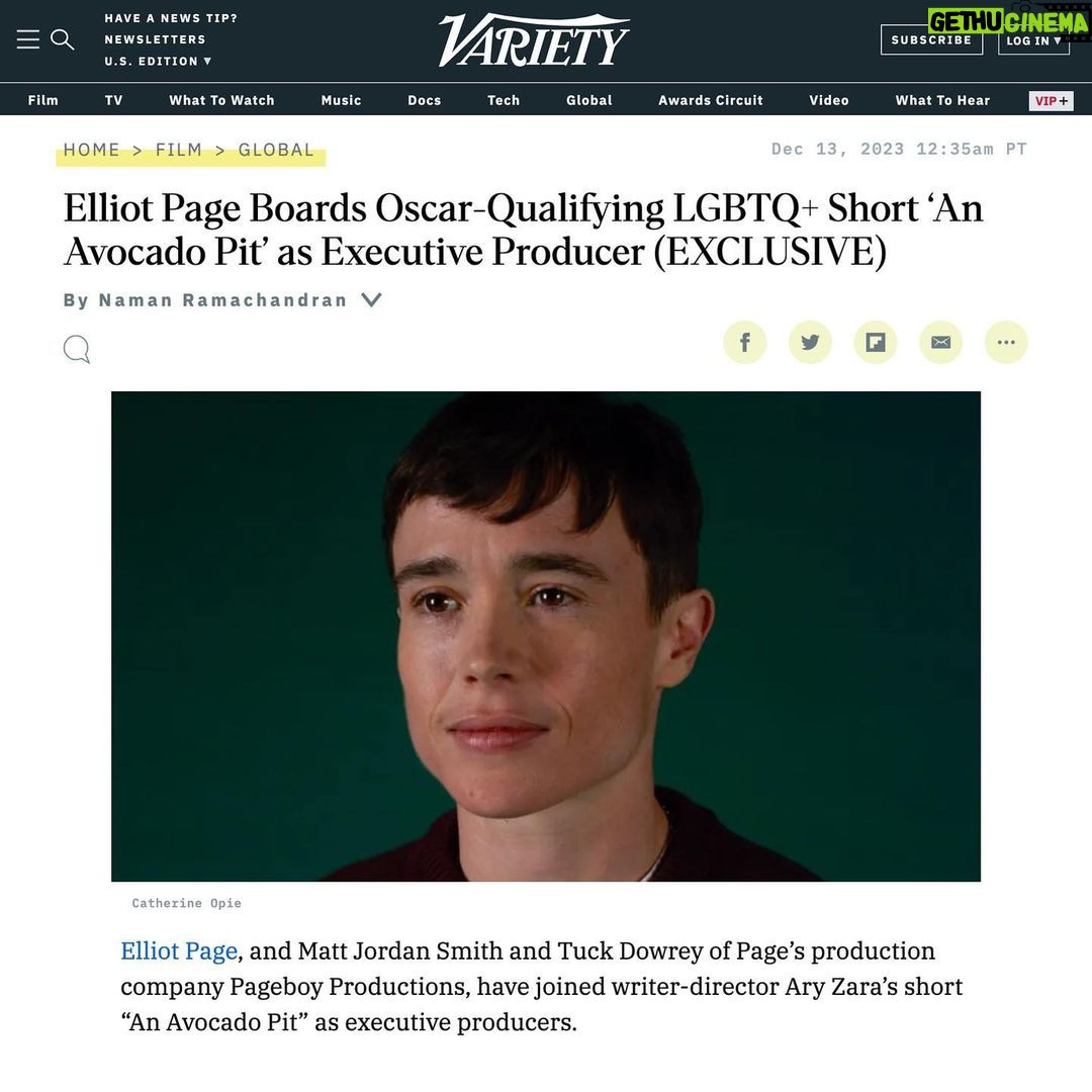 Elliot Page Instagram - The @pageboy_productions team is proud to join the award-winning short film AN AVOCADO PIT (@an.avocado.pit) as executive producers. The film is directed by @_aryzara_ and we are honored to amplify Ary’s important work and beautiful storytelling. #AnAvocadoPitShortFilm is out now! Go to the link in bio for @an.avocado.pit to watch this special film. ❤️ An Avocado Pit. For Your Consideration (Best Live Action Short Film) Synopsis: Larissa, a trans woman and Cláudio, a cis man, meet one night in the streets of Lisbon. Two people, two realities, who dance their differences away till morning light. In challenge, in surprise, in awe and in recognition. An empowering story, free from violence and filled with light and hope for the better days yet to come. Director: @_aryzara_ Production: @andreia_nu, @frederico.sc, @takeiteasyfilm Executive Producer: @pageboy_productions (Elliot Page, @mattjordansmith, @tuckydows) Distribution: @travellingdistribution Publicity: @londonflairpr Cast: @gayademedeiros, @ivocanelas #foryourconsideration
