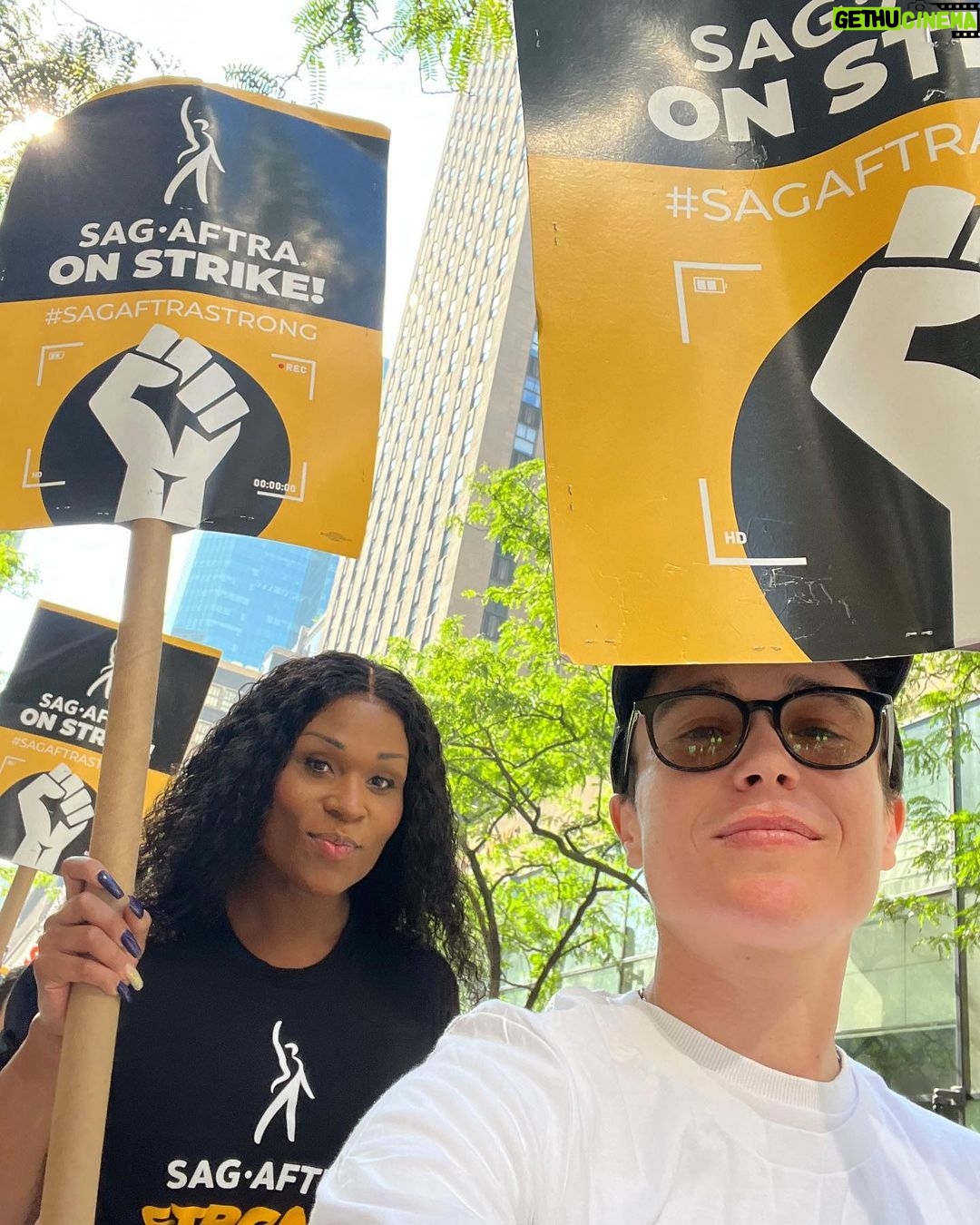 Elliot Page Instagram - Back in NYC and on the picket lines today with @peppermint247, our fellow actors and WGA members. #SAGAFTRAStrong #WGAStrong