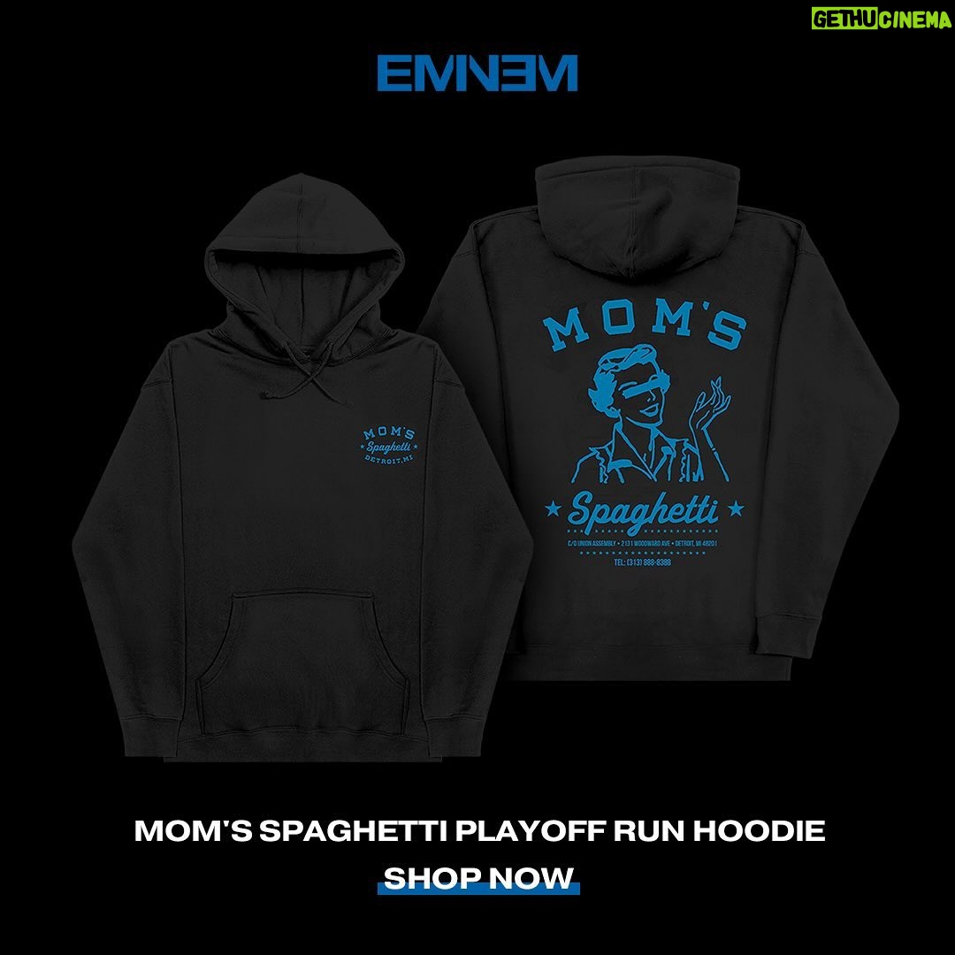 Eminem Instagram - “Go get your crew to hype you up, stand behind you like, “Woo” - Ltd edition #MomsSpaghetti Playoff Run hoodie now available just in time for game day 🍝 shop.eminem.com
