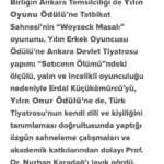 Erdal Küçükkömürcü Instagram – Tiyatro Eleştirmenleri Birliği’ne değerli jüri Üyelerine çok teşekkür ederim. Beni Ödüle Layık görmüşler.