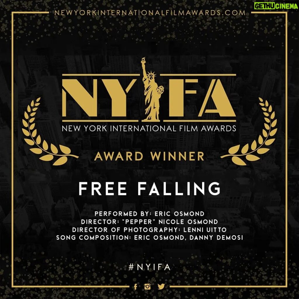 Eric Osmond Instagram - We are honored to have received the “Best Music Video” Award! Thank you New York International Film Awards! @newyorkintfilmawards Special thanks to all who helped make this happen! You guys rock!!  -- Music Video Credits:  Director: @nicolamity / @ericandpepper Director of Photography: @lenniuitto Song Credits: Song: “Free Falling” Performed by: @ericosmond.official Song Composition: @ericosmond.official @dannydemosi Film Credits for “Grandpa’s Crazy?”:  Producer/Writer: @davebresnahan Director: @danorgerald / @danorgerald.blog Director of Photography: @steadic4 -- #ericosmondmusic #NYIFA #musicaward #musicvideo #musicvideoaward #winner NYIFA • New York International Film Awards