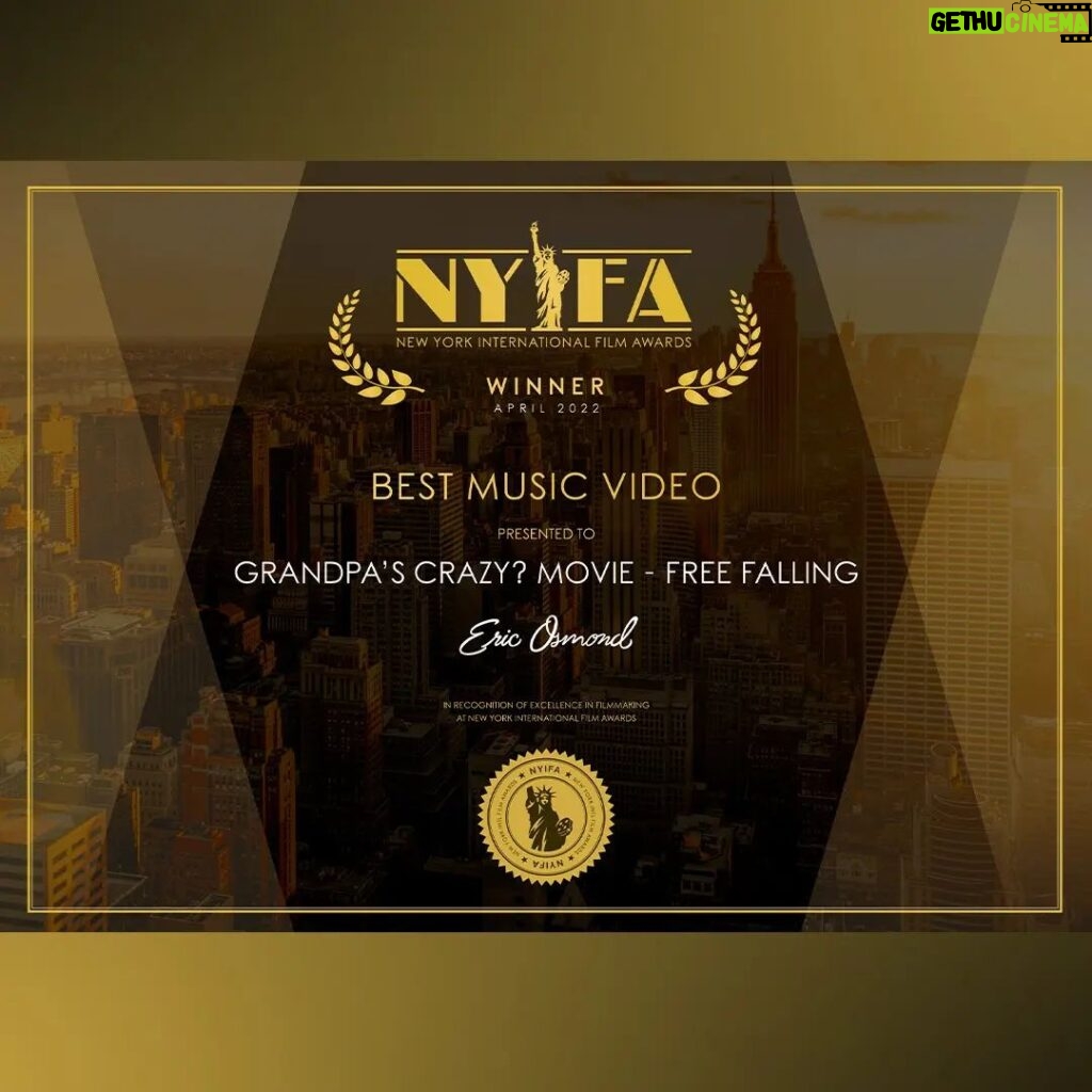 Eric Osmond Instagram - We are honored to have received the “Best Music Video” Award! Thank you New York International Film Awards! @newyorkintfilmawards Special thanks to all who helped make this happen! You guys rock!!  -- Music Video Credits:  Director: @nicolamity / @ericandpepper Director of Photography: @lenniuitto Song Credits: Song: “Free Falling” Performed by: @ericosmond.official Song Composition: @ericosmond.official @dannydemosi Film Credits for “Grandpa’s Crazy?”:  Producer/Writer: @davebresnahan Director: @danorgerald / @danorgerald.blog Director of Photography: @steadic4 -- #ericosmondmusic #NYIFA #musicaward #musicvideo #musicvideoaward #winner NYIFA • New York International Film Awards