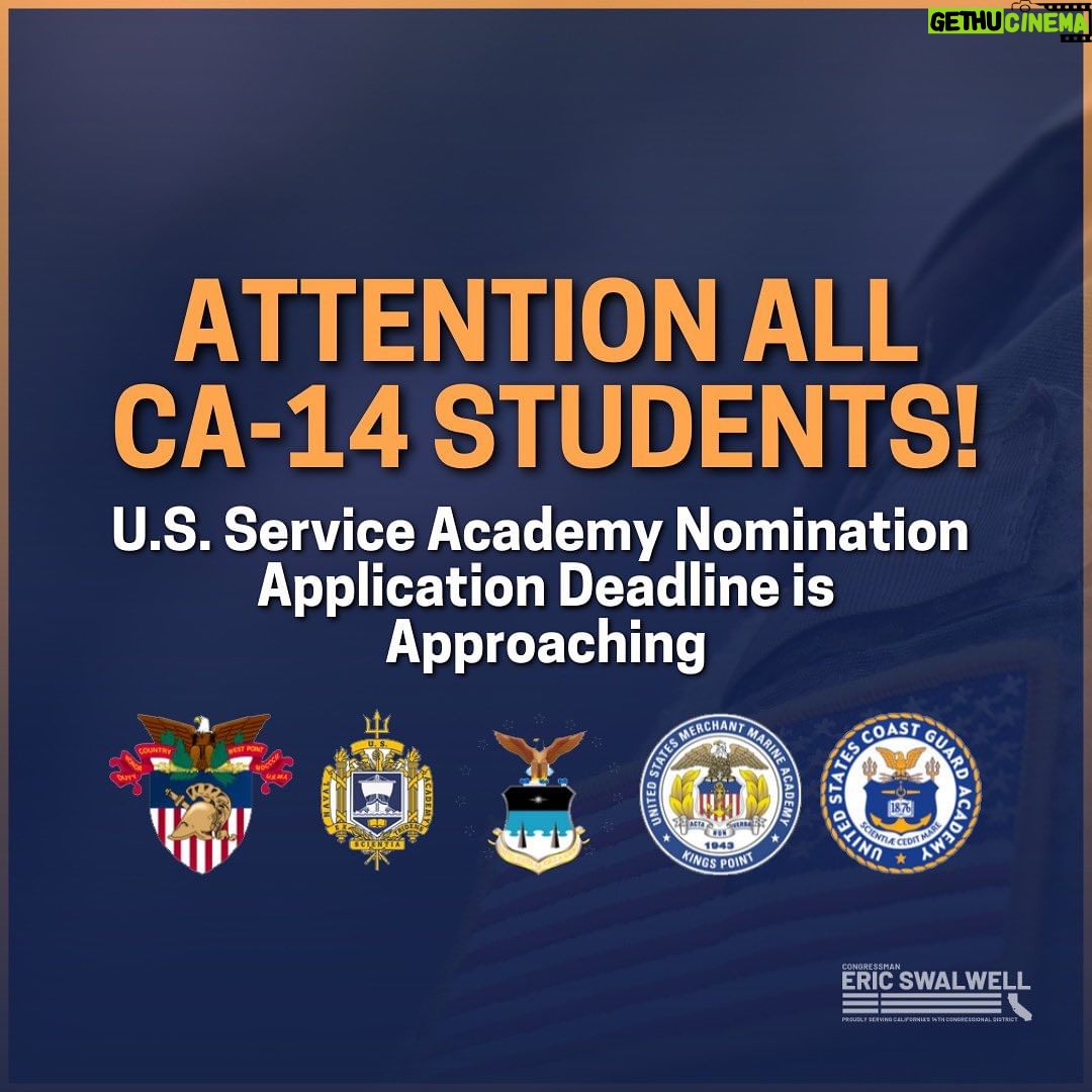 Eric Swalwell Instagram - Important reminder that service academy applications are due November 10. Each year, I have the honor of nominating outstanding students from across CA-14. If you have questions about the application or would like more info, visit: swalwell.house.gov/services/military-academy-nominations or email CA14nominations@mail.house.gov