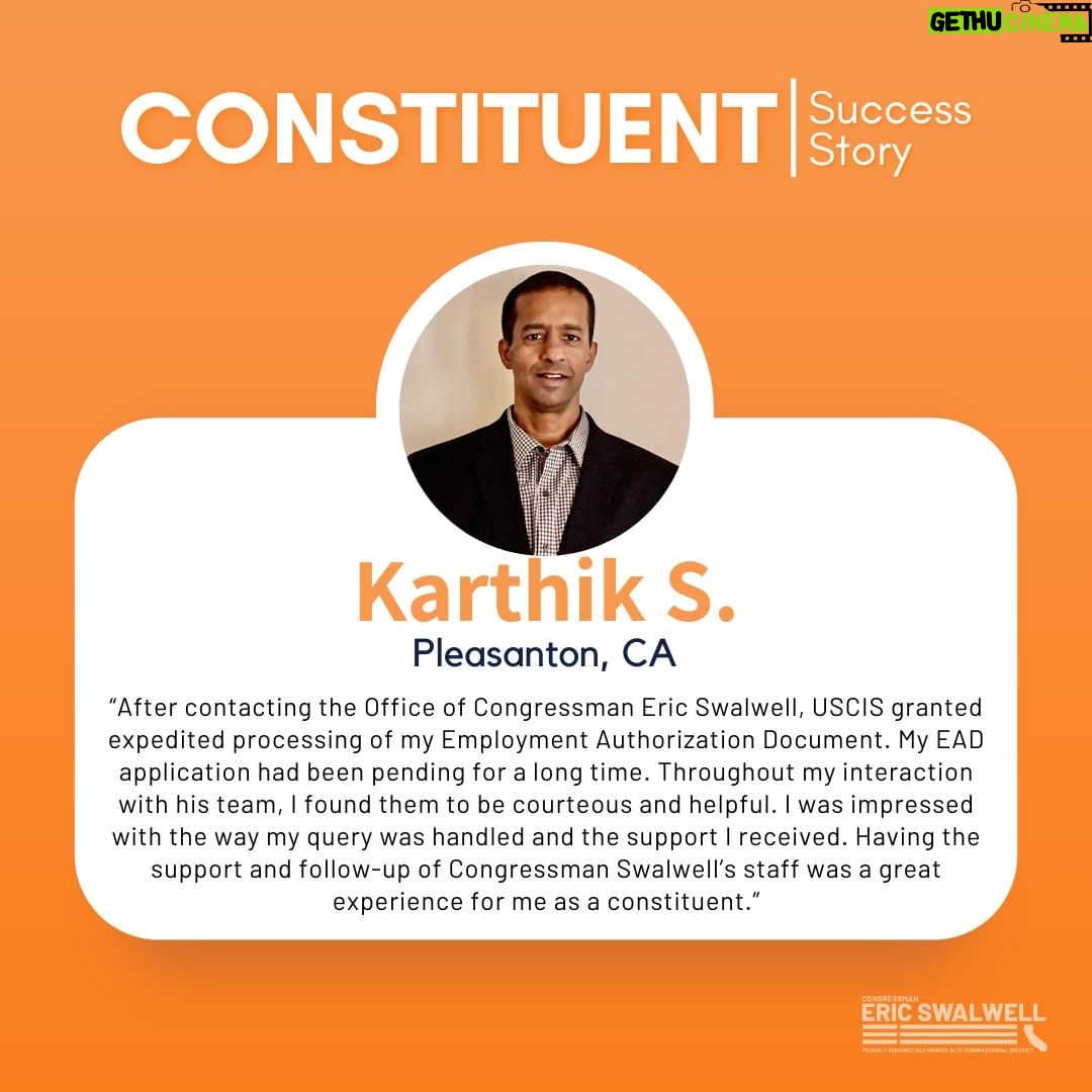 Eric Swalwell Instagram - Karthik was waiting for his EAD renewal when he contacted my team. We were able to help him get it before it expired. If you need help with this, or any other federal agency, contact my office here: https://swalwell.house.gov/ser.../help-with-a-federal-agency