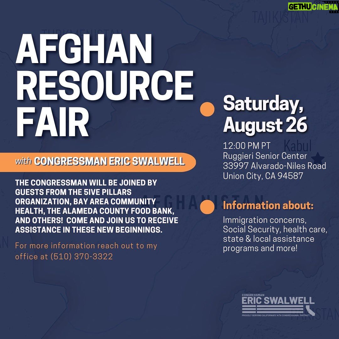 Eric Swalwell Instagram - I’m hosting a resource fair for the East Bay Afghan community to help answer questions and provide resources to newly arrived Afghans. The resource fair will begin at 12:00 PM PT and comes two years since the military and diplomatic withdrawal from Afghanistan.