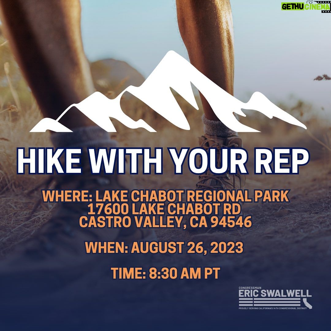 Eric Swalwell Instagram - Congressman Eric Swalwell (CA-14) will host his annual “Hike with Your Rep” on Saturday, August 26. The hike will begin at Lake Chabot (17600 Lake Chabot Road, Castro Valley) at 8:30 AM. We will walk and talk along the way and pause along the way for a Congressional update. (Walk is two miles) Please bring sunscreen, water, and wear comfortable shoes. If you have any questions, please call 510-370-3322. Lake Chabot Regional Park