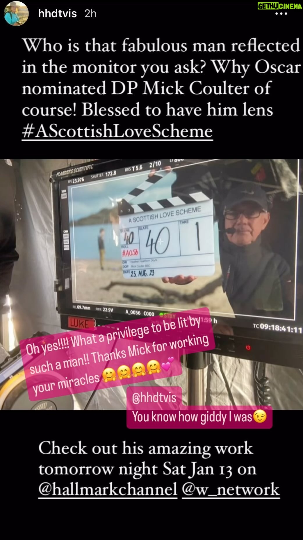Erica Durance Instagram - Such an honor to work with Mick Coulter!!!! I love so many of his movies!!! He was such an absolute hoot and what a gent💋 #ascottishlovescheme @hhdtvis @jenni.baynham @jordan_young100 @w_network @hallmarkchannel
