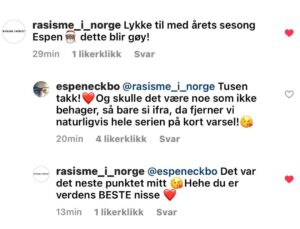 Espen Eckbo Instagram - Om noen lurer… it’s all good mellom nisser og antirasister i år! Takk til alle som skapte diskusjon ifjor. Har trua på at vi egentlig er en bra gjeng, så ikke legg hverandre ut for salg eller sleng dritt, bli heller bedre kjent. ❤️