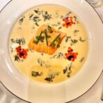 Fareed Zakaria Instagram - If I were a Michelin Guide inspector, I would give two stars to the dazzling Les Trois Chevaux. Angie Mar's cooking is stunning. Look at this salmon lightly cooked with a sorrel beurre blanc. And the chic room is a visual treat. Manhattan, New York