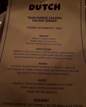 Fareed Zakaria Instagram - Xmas dinner for my GPS and documentary unit teams, followed by karaoke. A real privilege and pleasure to work with such talented people - and it's lots of fun. Feel very blessed. (I might drop more of the karaoke over time!)