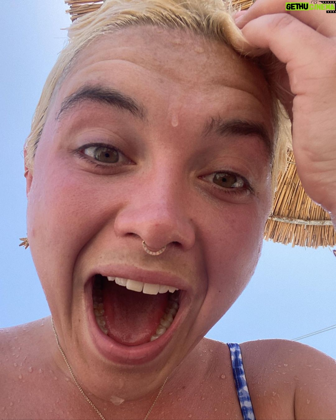 Florence Pugh Instagram - Rams and gals and tzatziki and dacos and @ashleyparklady and my hair looking like spikey flowers. P.S. we met a lone Ram who was super thirsty and hungry for attention so fed it water in the only utensil we had… a snorkel.