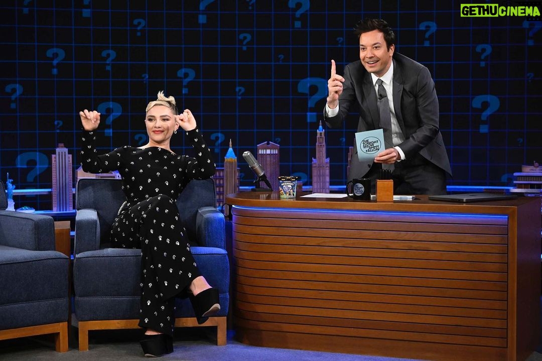 Florence Pugh Instagram - My first time. A wonderful time. @fallontonight was such fun and can’t thank the audience enough for being so kind and encouraging. I’m so glad you won that ICE CREAM! I hope you all enjoyed hearing about our new movie @agoodpersonmov, please go check it out this Friday! Thank you @jimmyfallon for having me, was so epic to see what you do so well up and close. And all those behind the curtain, what a well oiled fun show you run. Pics by @toddowyoung ❤️
