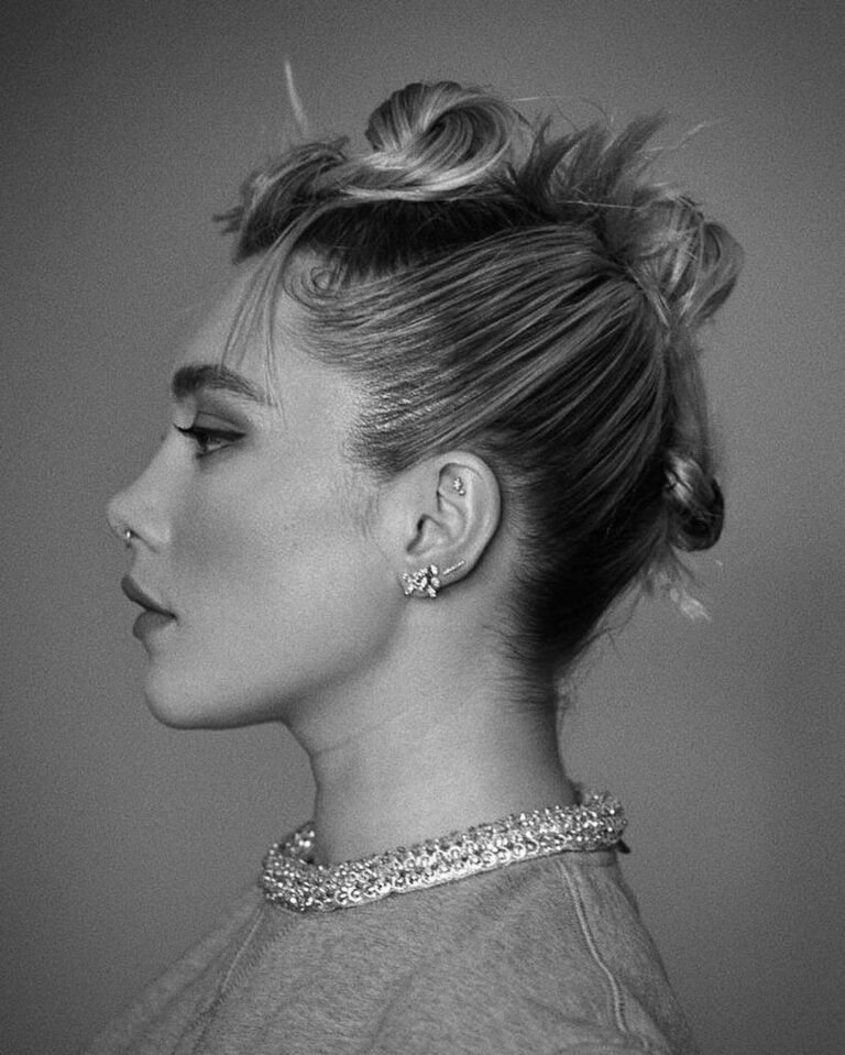 Florence Pugh Instagram - Like.. Mohawk, pixie, swirly thingy, punk, greasy, Smokey eye with diamonds on, put a quick sparkly thong on, but then keep it casual with a grey sweater. Ya know? Thank you epic team once again! 📷- 1st and 3rd B&W by @peterluxhair 2nd and 4th steps by the fab @germanlarkin