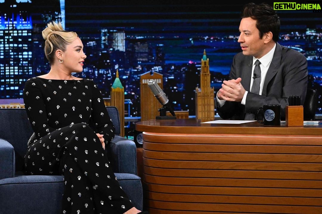 Florence Pugh Instagram - My first time. A wonderful time. @fallontonight was such fun and can’t thank the audience enough for being so kind and encouraging. I’m so glad you won that ICE CREAM! I hope you all enjoyed hearing about our new movie @agoodpersonmov, please go check it out this Friday! Thank you @jimmyfallon for having me, was so epic to see what you do so well up and close. And all those behind the curtain, what a well oiled fun show you run. Pics by @toddowyoung ❤️