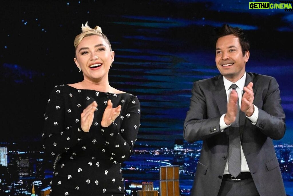 Florence Pugh Instagram - My first time. A wonderful time. @fallontonight was such fun and can’t thank the audience enough for being so kind and encouraging. I’m so glad you won that ICE CREAM! I hope you all enjoyed hearing about our new movie @agoodpersonmov, please go check it out this Friday! Thank you @jimmyfallon for having me, was so epic to see what you do so well up and close. And all those behind the curtain, what a well oiled fun show you run. Pics by @toddowyoung ❤️