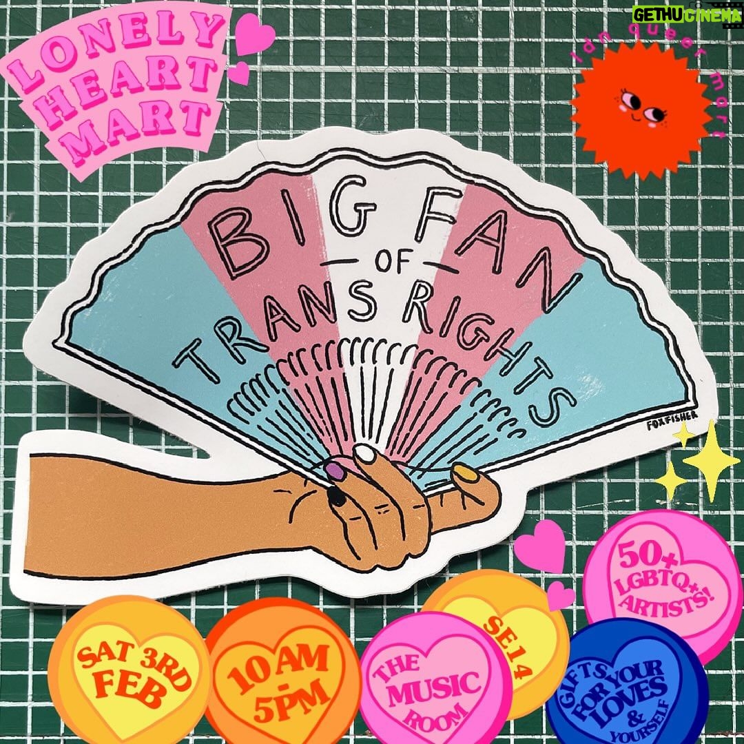 Fox Fisher Instagram - ✨MEET THE STALLHOLDERS✨ 💕 NEW @thefoxfisher 💕 Trans and LGBTQIA+ celebratory screen prints on book pages, stickers, pin badges and patches. 50% of profit goes back into running My Genderation CIC. WHERE? Music Rooms, 116-118 New Cross Rd, London SE14 5BA WHEN? Saturday 3rd February 2024, 10am - 5pm HOW? Closest stations are New Cross Gate Overground, New Cross Gate National Rail, Bus Routes 21, 36, 53, 136, 171, 172, 177, 321, 343, 436, 453 ✨THIS EVENT IS £1 TO ENTER✨ 50+ Stalls ran by Queer artists, business owners and creatives. The Lonely Hearts Mart is the perfect place to bring yourself, your valentine or potential valentine on a date. Let’s not forget the fact there’s always loads of fruity singles at our events too 💅🏼 . LDN QUEER MART champions a diverse community of queer artists, and queer-owned small businesses, providing an affordable platform for them to exhibit their work, engage with visitors, share experiences, opportunities, and sell their products. . This event will showcase 50+ up-and-coming queer artists and small businesses, all from a wide range of artistic backgrounds, providing visitors the opportunity to discover a unique range of artwork, that will include - art prints, ceramics, zines, clothing, originals, publications, risograph prints, sculptures, jewellery, textiles, and much more. #art #artexhibition #artexhibit #artmarket #queer #queerartist #ldnqueermart #queermas #lgbtq #lgbt #lgbtlondon #events #eventsinlondon #londonmarket #lgbtqevents #lgbtpride