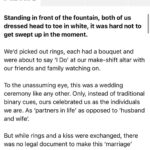 Fox Fisher Instagram - Non-binary people have always existed and deserve to have the same rights as everyone else. I wrote this about my partner @uglastefania getting protest married. Thanks to everyone who made the day special. Full wording here: https://metro.co.uk/2023/11/28/partner-protest-wedding-cant-real-thing-19888865/ #trans #nonbinary #lgbt #t4t