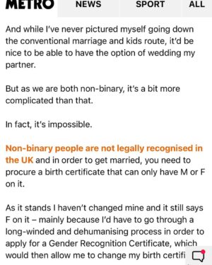 Fox Fisher Instagram - Non-binary people have always existed and deserve to have the same rights as everyone else. I wrote this about my partner @uglastefania getting protest married. Thanks to everyone who made the day special. 

Full wording here: https://metro.co.uk/2023/11/28/partner-protest-wedding-cant-real-thing-19888865/ #trans #nonbinary #lgbt #t4t
