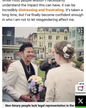 Fox Fisher Instagram - Non-binary people have always existed and deserve to have the same rights as everyone else. I wrote this about my partner @uglastefania getting protest married. Thanks to everyone who made the day special. 

Full wording here: https://metro.co.uk/2023/11/28/partner-protest-wedding-cant-real-thing-19888865/ #trans #nonbinary #lgbt #t4t