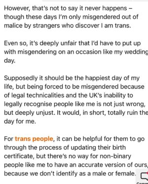 Fox Fisher Instagram - Non-binary people have always existed and deserve to have the same rights as everyone else. I wrote this about my partner @uglastefania getting protest married. Thanks to everyone who made the day special. 

Full wording here: https://metro.co.uk/2023/11/28/partner-protest-wedding-cant-real-thing-19888865/ #trans #nonbinary #lgbt #t4t