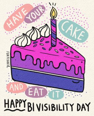 Fox Fisher Instagram - Bi people, like myself, aren’t being greedy - and today is a great day for a cake pun. I’ll have my cake and eat it, thank you very much 🏳️‍🌈🌟 Proud to be 100% bi - How do you identify? 

#bisexualart #bi #bivisibilityday #lgbtart #queerart #transartist