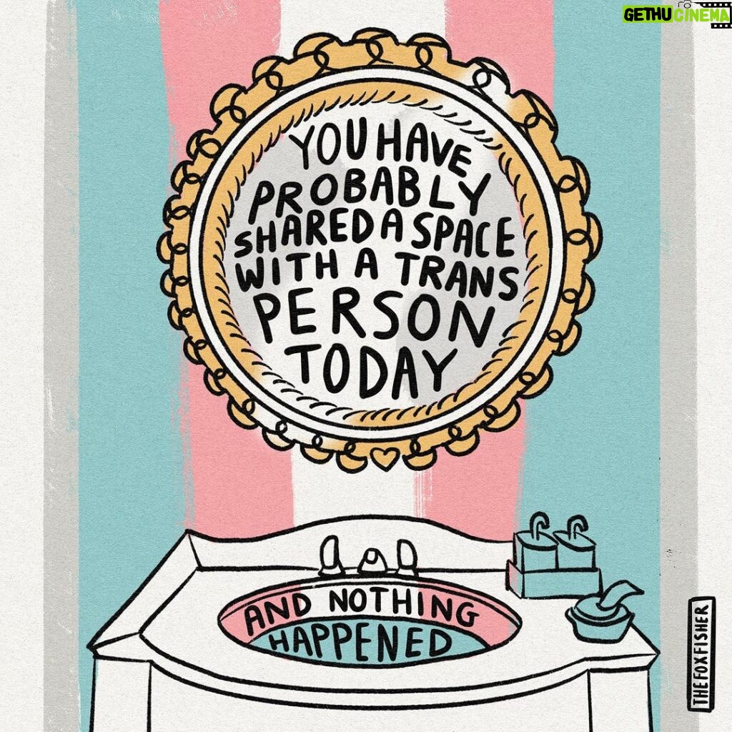 Fox Fisher Instagram - Trans rights do not affect anyone else’s rights. Trans people have been using gendered space like public toilets and gym changing rooms for decades without issues 🏳️‍⚧️🌟 Image: The text, ‘you have probably shared a space with a trans person today and nothing happened’, in a bathroom setting with a trans pride flag behind #lgbtartist #artoftheday #illustration #transartist #queerart