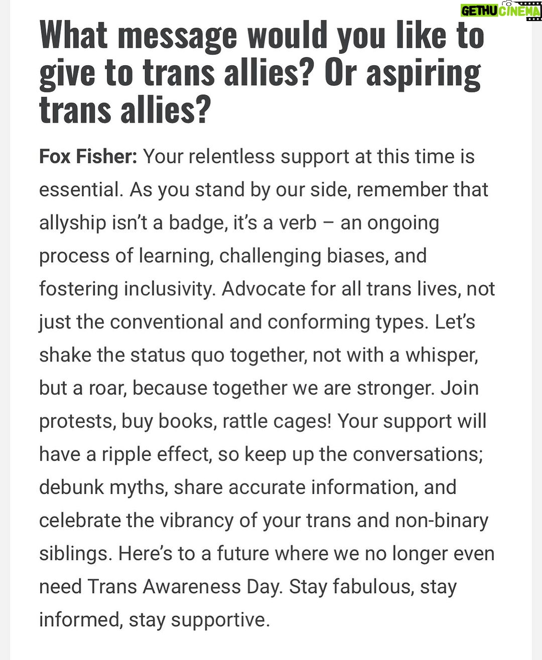 Fox Fisher Instagram - Being a trans ally is about fostering environments that celebrate trans lives rather than merely tolerating. Trans people require more than fundamental rights. Awareness of trans issues is what helps an ally to be more accurate when taking action; dismantling stereotypes, and debunking bias. 🏳️⚧️✨ Had a great chat with @niccrosara @divamagazine alongside@evaech0 @itsparismunro @ki.sces for #transawarenessweek #trans #nonbinary #lgbtq🌈 #transmasc #transrights