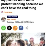 Fox Fisher Instagram – Non-binary people have always existed and deserve to have the same rights as everyone else. I wrote this about my partner @uglastefania getting protest married. Thanks to everyone who made the day special. 

Full wording here: https://metro.co.uk/2023/11/28/partner-protest-wedding-cant-real-thing-19888865/ #trans #nonbinary #lgbt #t4t