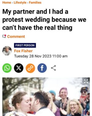 Fox Fisher Instagram - Non-binary people have always existed and deserve to have the same rights as everyone else. I wrote this about my partner @uglastefania getting protest married. Thanks to everyone who made the day special. 

Full wording here: https://metro.co.uk/2023/11/28/partner-protest-wedding-cant-real-thing-19888865/ #trans #nonbinary #lgbt #t4t
