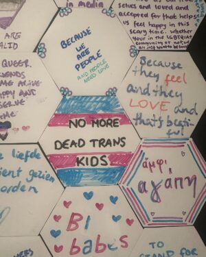 Fox Fisher Instagram - Trans and non-binary people are not a threat to anyone else’s identity (and deserve to thrive) 🏳️‍⚧️✨ Add to this wall at @queerbritain 

#trans #lgbtqia #transrights #nonbinary #queer