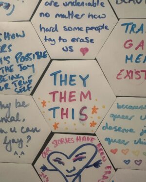Fox Fisher Instagram - Trans and non-binary people are not a threat to anyone else’s identity (and deserve to thrive) 🏳️‍⚧️✨ Add to this wall at @queerbritain 

#trans #lgbtqia #transrights #nonbinary #queer