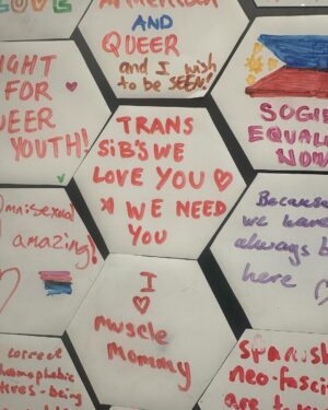 Fox Fisher Instagram - Trans and non-binary people are not a threat to anyone else’s identity (and deserve to thrive) 🏳️‍⚧️✨ Add to this wall at @queerbritain 

#trans #lgbtqia #transrights #nonbinary #queer