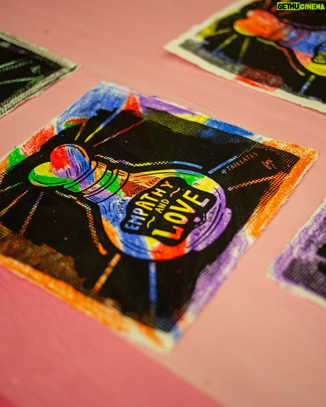 Fox Fisher Instagram - I was asked to create a screenprint for @tate lates, responding to the legend that is Nan Goldin. One of her quotes ‘My work comes from Empathy and Love’, really inspired me and I wanted to incorporate it into the pharmacy of dreams ongoing series. I prepared the print so that members of the public could draw on colour first and I helped them print the screen printed layer over it. #art #transartist #queerart #lgbtart #screenprinting #tatemodern #nangoldin