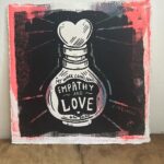 Fox Fisher Instagram - I was asked to create a screenprint for @tate lates, responding to the legend that is Nan Goldin. One of her quotes ‘My work comes from Empathy and Love’, really inspired me and I wanted to incorporate it into the pharmacy of dreams ongoing series. I prepared the print so that members of the public could draw on colour first and I helped them print the screen printed layer over it. #art #transartist #queerart #lgbtart #screenprinting #tatemodern #nangoldin