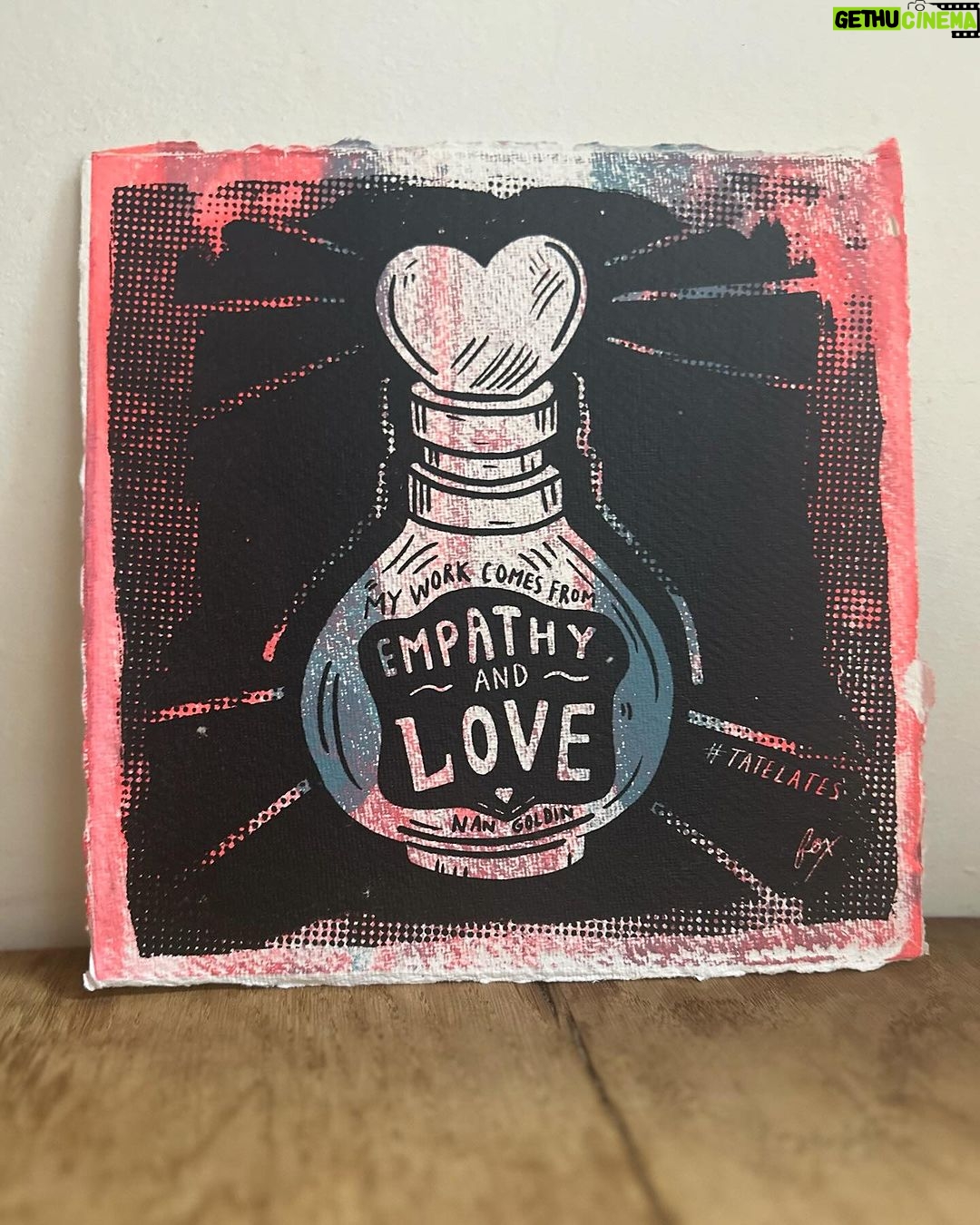 Fox Fisher Instagram - I was asked to create a screenprint for @tate lates, responding to the legend that is Nan Goldin. One of her quotes ‘My work comes from Empathy and Love’, really inspired me and I wanted to incorporate it into the pharmacy of dreams ongoing series. I prepared the print so that members of the public could draw on colour first and I helped them print the screen printed layer over it. #art #transartist #queerart #lgbtart #screenprinting #tatemodern #nangoldin