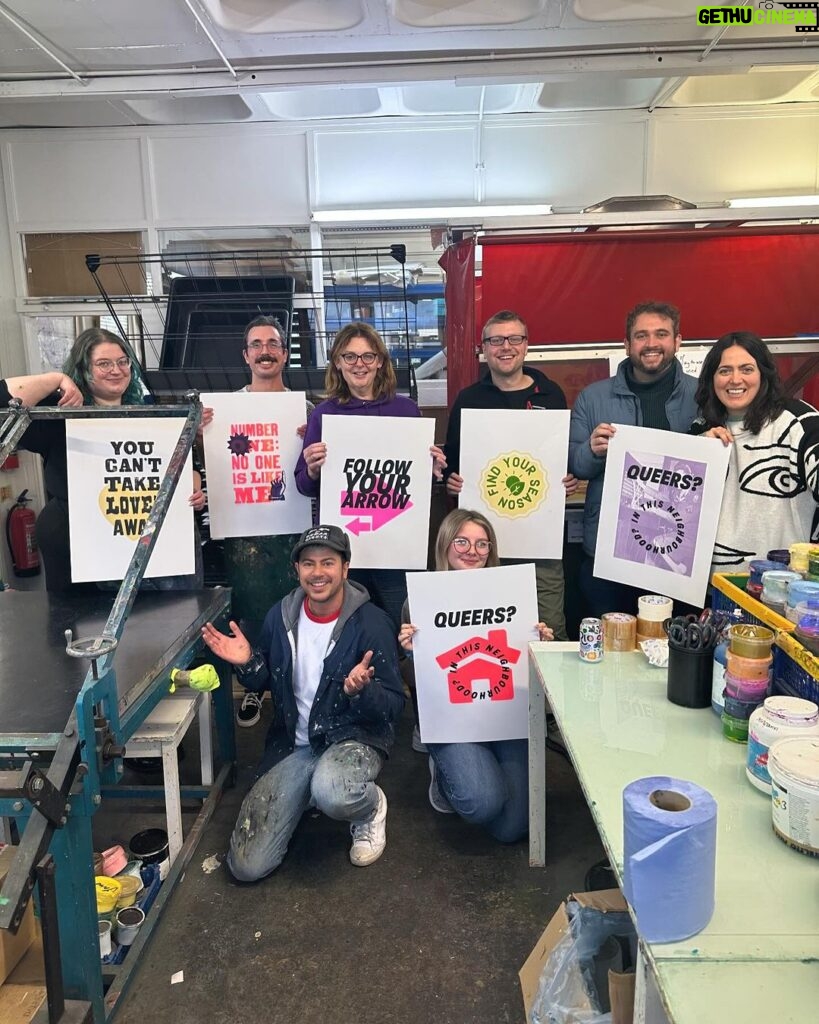 Fox Fisher Instagram - The awesome team at @switchboardlgbt came to @inkspotpress to create a batch of screen prints and it was such a pleasure to teach them. I think everyone was giddy to be out of the office and getting their hands dirty with ink. Switchboard is an incredibly important charity, creating a safety net for LGBTQIA+ people in their toughest times. I’m so proud to be an Ambassador for them and it felt good to enable them to blow off some steam and get creative. #screenprint #lgbtqia #arty #limitededition #transart #queerart #lgbtart #transartist
