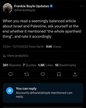 Frankie Boyle Instagram - Whatever kind of voice or platform you have please use it to call for a ceasefire, and a settlement that will end the illegal blockade and occupation of Gaza.