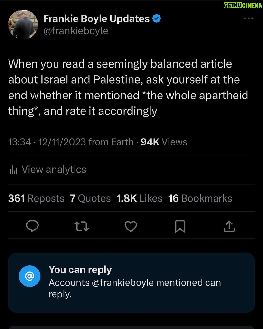 Frankie Boyle - 18K Likes - Whatever kind of voice or platform you have please use it to call for a ceasefire, and a settlement that will end the illegal blockade and occupation of Gaza.