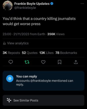 Frankie Boyle Instagram - Whatever kind of voice or platform you have please use it to call for a ceasefire, and a settlement that will end the illegal blockade and occupation of Gaza.