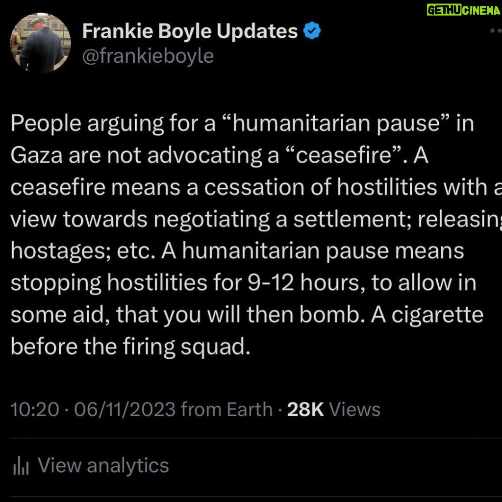 Frankie Boyle Instagram - In my professional capacity as some prick who used to do panel shows, I’ve been posting a bit about the siege/ bombardment of Gaza. If you have any kind of voice or platform please lend it to these people, who are suffering terribly. If you want to know more about the history, I’d recommend Noam Chomsky; Norman Finkelstein; and Ilan Pappe. Lowkey posts about it regularly and is worth following. Have an outstanding week troops.