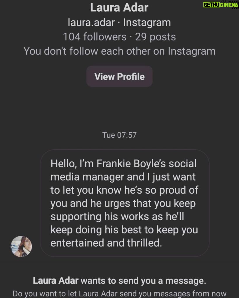 Frankie Boyle Instagram - I mean this isn’t my social media manager; in fact it’s probably a sexually motivated hostage taker; but the sentiments are uncannily accurate. Special shout-out to Instagram for never doing anything about this kind of stuff, even when it’s reported. Have a great July everyone. I’m proud of you!