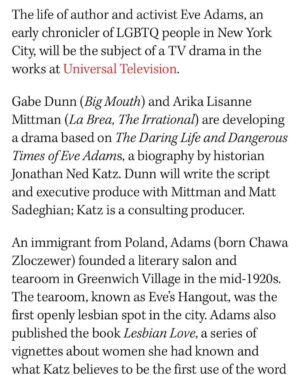 Gabe Dunn Instagram - I can’t wait for u all to meet eve :)

Gender non conforming people are not new. You just haven’t heard about the most important ones. It’s been so wild immersing myself in the world of 1920s queer activism as everything falls apart around us. If you need some inspiration, check out Jonathan’s biography of Eve and get on board for the TV show!! Huge thanks to @arikalisanne and @universaltv and @vervetla and @sssadeghiannn 🏳️‍⚧️🏳️‍🌈 📚✡️🍻
