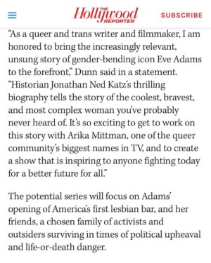 Gabe Dunn Instagram - I can’t wait for u all to meet eve :)

Gender non conforming people are not new. You just haven’t heard about the most important ones. It’s been so wild immersing myself in the world of 1920s queer activism as everything falls apart around us. If you need some inspiration, check out Jonathan’s biography of Eve and get on board for the TV show!! Huge thanks to @arikalisanne and @universaltv and @vervetla and @sssadeghiannn 🏳️‍⚧️🏳️‍🌈 📚✡️🍻