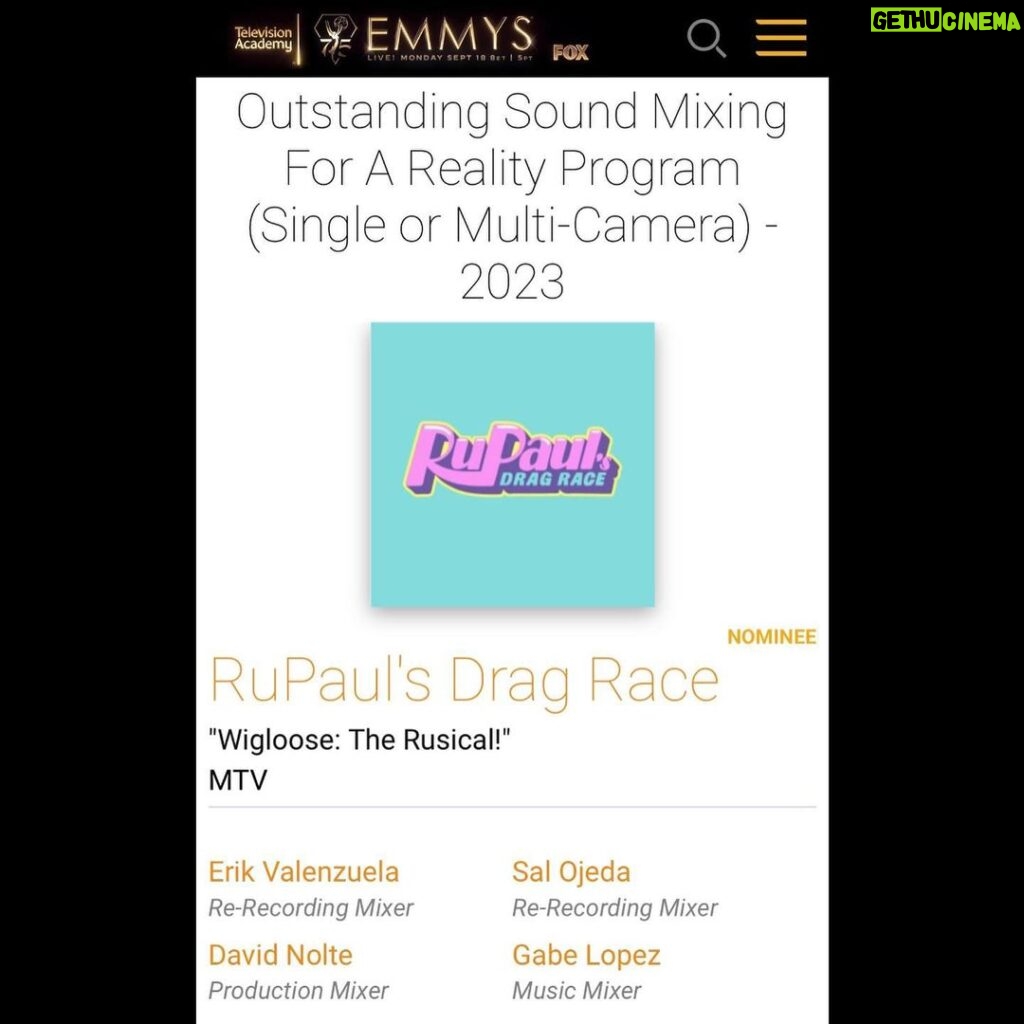 Gabe Lopez Instagram - I’m very honored to receive my first Emmy nomination. I absolutely loved producing the music for @rupaulsdragrace’s Wigloose: The Rusical! Mixing it was definitely a beast, but I’m so thankful that the music mixing was recognized. 😀🌟💫 Wigloose is a Rusical that deals with the banning of drag. Sound familiar? This Rusical came at such an important time. I commend the story writers for tackling the topic. Kudos to @tomofla, @johnpollysays and @michaelseligman! And these amazing songs, written by my talented friend @leland, are incredible and moving. Check out the full Rusical on YouTube: https://youtu.be/duqm1uiSXmY #emmy #emmys #emmynominations #emmynominated #emmynominee #wigloose #rupaulsdragrace #dragrace #rusical #lgbtq #lgbtq🌈 #lgbtqia @worldofwonder #worldofwonder @mtv #gabelopez #singer #songwriter #musicproducer #producer #musicmixer #thankful Los Angeles/Hollywood California