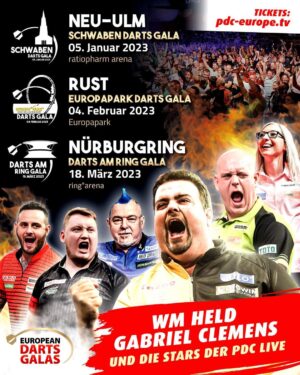 Gabriel Clemens Instagram - Gaga-Heimspiele im Südwesten! 🎉🎯

Neben der Gala in Saarbrücken am 09.06. stehen direkt zu Beginn der neuen Saison 3 weitere Galas an, bei denen auch der German Giant Gabriel Clemens am Start sein wird! 😍

 Seid dabei! 🥳

🎟️Tickets unter: pdc-europe.tv