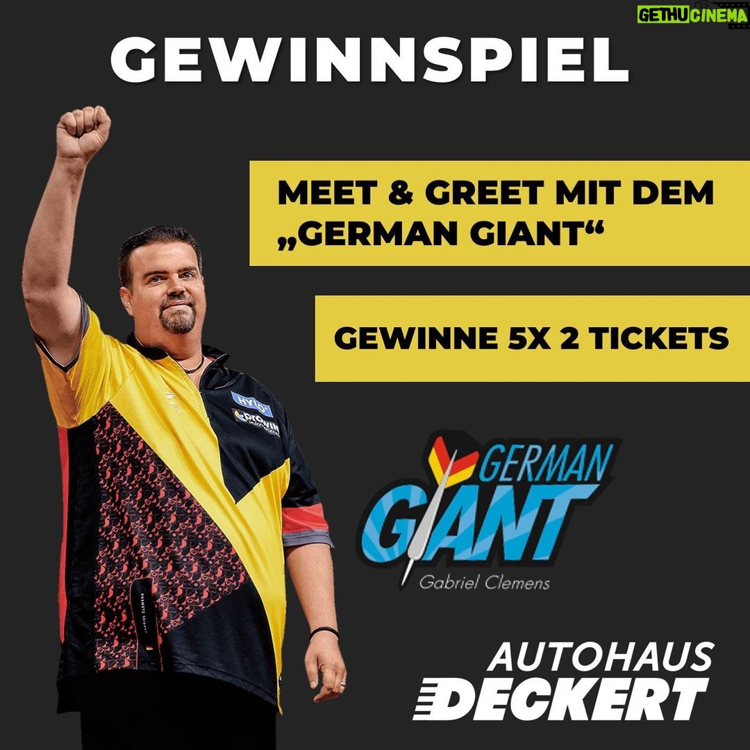 Gabriel Clemens Instagram - 🎯 Treffe "The German Giant" Gabriel Clemens vor der WM! 🏆 Du bist ein Dart-Fan durch und durch? Dann haben wir etwas Besonderes für dich: Gewinne jetzt ein Meet & Greet mit der deutschen Dartslegende! 🎯💥 Du wolltest immer mal Gabriel persönlich kennenlernen und ein paar Darts mit ihm werfen? Jetzt hast du die Chance! 😎 Wir verlosen 5x 2 Tickets für eine exklusive Veranstaltung mit unserem Gaga. 🎟️💥Wie du teilnehmen kannst? Eigentlich ganz einfach: Folge uns, like diesen Beitrag und kommentiere, wer dein zweites Ticket bekommt. Wir wünschen Euch viel Glück! 🍀 🗓️ 11.12.23 📍 Autohaus Deckert Entenmühlstr. 72 66424 Homburg ⏰ Ab 18 Uhr Teilnahmebedingungen: 1. Folge uns auf Instagram @autohausdeckert 2. Like den Beitrag und hinterlasse ein Kommentar, wer dein zweites Ticket bekommt! Habt ihr alles erfüllt, seid ihr im Lostopf! Das Gewinnspiel endet am Montag, den 04.12.23, um 10 Uhr. Die Bekanntgabe der Gewinner erfolgt am selben Tag. Die Teilnahme ist ab 18 Jahren, ab 16 mit Einwilligung der Eltern und nur innerhalb der EU gültig. Keine Auszahlung des Gewinns möglich. Der Rechtsweg ist ausgeschlossen. Das Gewinnspiel steht in keiner Verbindung zu Instagram. #autohausdeckert #teamdeckert #gewinnspiel #win #surprise #meetandgreet #darts #thegermangiant #gabrielclemens #christmas #partner #sponsorship
