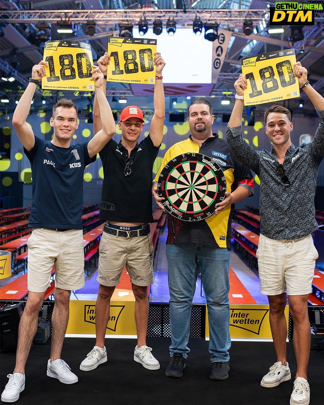 Gabriel Clemens Instagram - The only moment for a DTM Driver where a 180 is welcomed 😄🎯 @sheldonvanderlinde @kelvinvanderlinde and @laurin_heinrich proved their accuracy (and their entertainment talent 🕺) to @gabriel.clemens180 at yesterdays Pre-Event. #DTM #DTM23
