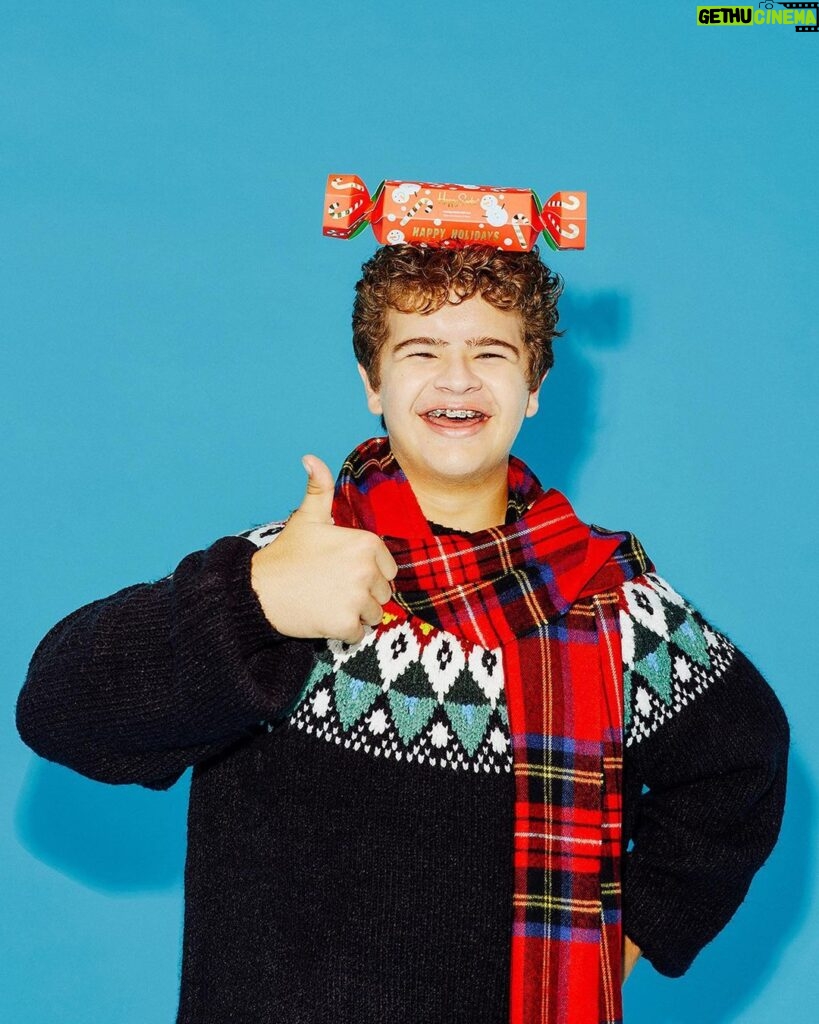 Gaten Matarazzo Instagram - I had the best time-travelling with @happysocks to capture their Holiday campaign... and guess what? I ALSO designed a gift box with 3 different sock styles in it. Wanna wear my pets on your feet this Christmas? 🐈 Well, now you know where to find it! 👉 HappySocks.com #HappySocks #HappinessEverywhere #NoTimeLikeThePresent