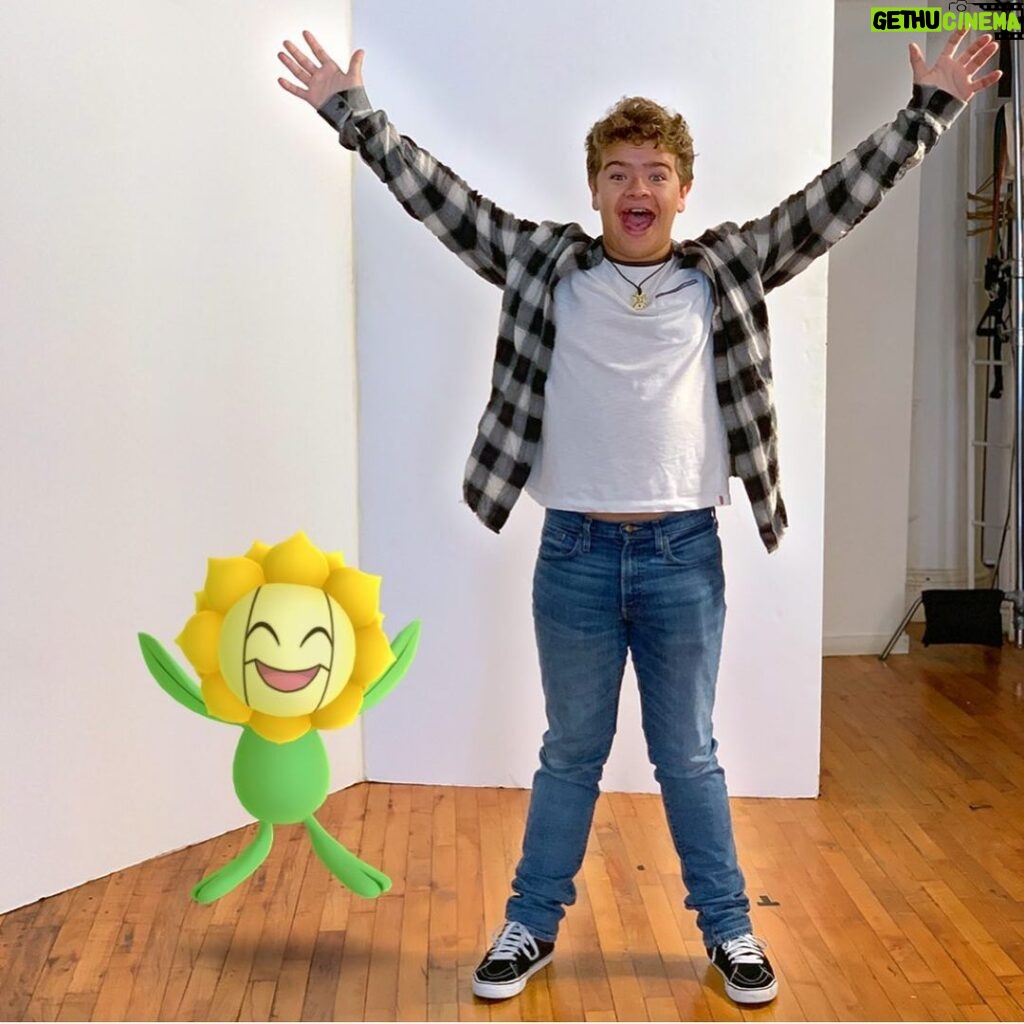 Gaten Matarazzo Instagram - #ad Chilling with my #PokemonGO lookalike. I can’t help but smile when Sunflora’s around! Who’s your Pokémon GO lookalike?