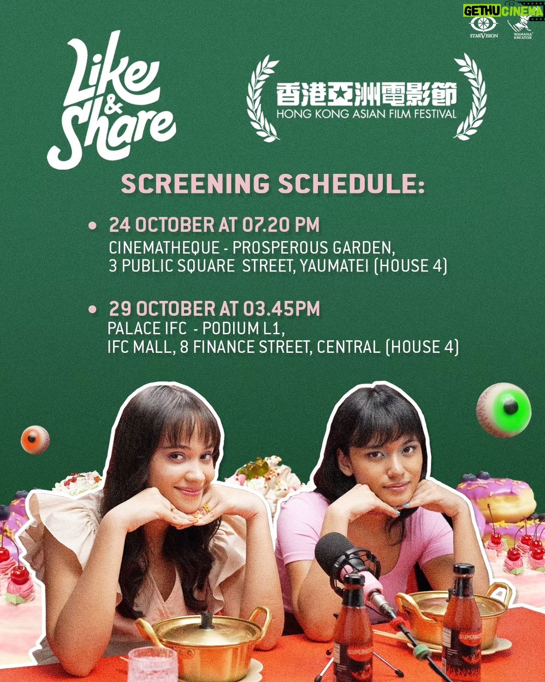 Gina S. Noer Instagram - Like & Share goes to Hong Kong Asian Film Festival! @bc.hkaff 🇭🇰 Bersyukur sekali karena masih ada kesempatan untuk dapat melihat, mendengar, dan merasakan kisah Lisa & Sarah di layar internasional, dan kali ini perjalanan mereka sampai di Hong Kong! 🎬 Film Like & Share dapat kamu tonton di @bc.hkaff pada: 24 Oktober 07:20 PM Broadway Cinematheque - Prosperous Garden, 3 Public Square Street, Yaumatei (House 4) 29 Oktober 03:45 PM Palace IFC - Podium L1, IFC Mall, 8 Finance Street, Central (House 4) Informasi pembelian tiket di https://bit.ly/HKAFF2023_ticketing #WahanaKreator #Starvision #FilmLikeAndShare #香港亞洲電影節2023 #HKAFF2023 #HKAFF20 -- Like & Share goes to Hong Kong Asian Film Festival! @bc.hkaff 🇭🇰 So grateful that we have the opportunity to See, Hear and Feel Lisa & Sarah's story on the international screen, and this time their journey reaches Hong Kong! 🎬 You can watch Like & Share at @bc.hkaff on: October 24 07:20 PM Broadway Cinematheque - Prosperous Garden, 3 Public Square Street, Yaumatei (House 4) October 29 03:45 PM Palace IFC - Podium L1, IFC Mall, 8 Finance Street, Central (House 4) Ticket purchasing information at https://bit.ly/HKAFF2023_ticketing #WahanaKreator #Starvision #FilmLikeAndShare #香港亞洲電影節2023 #HKAFF2023 #HKAFF20
